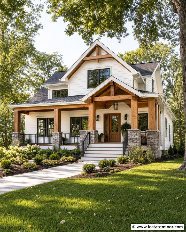 Warm White House With Wood Porch Trim - 30 Warm White House Design With Trim Ideas