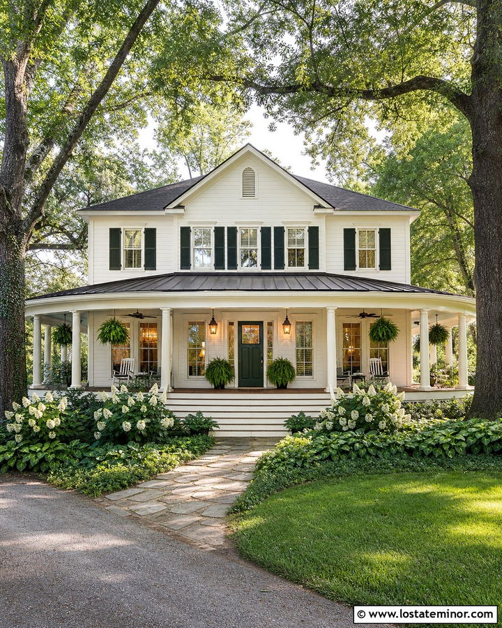 Warm White House With Wraparound Porch And Ferns - 30 Warm White House Design With Landscaping Ideas