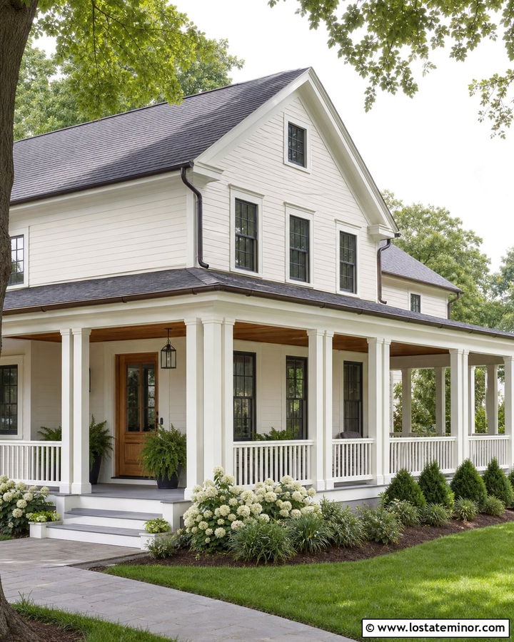 Warm White House With Wraparound Porch Columns - 30 Warm White House Design With Porch Columns Ideas