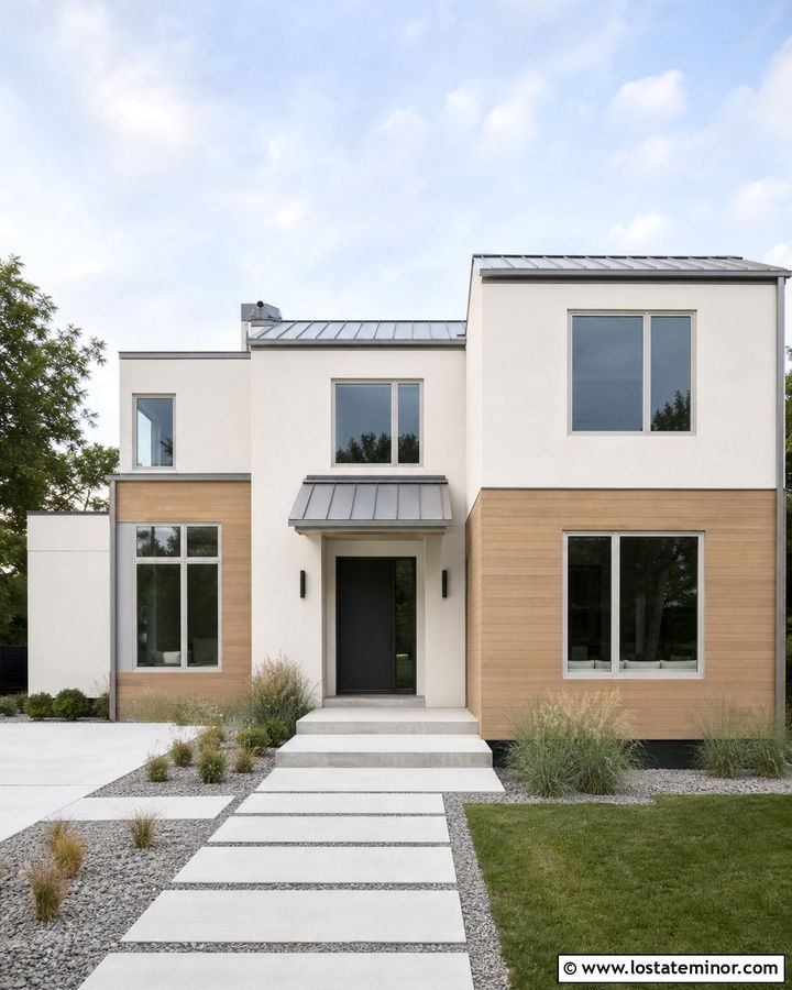 Warm White House With Zinc Metal Awning - 30 Warm White House Design With Awning Ideas