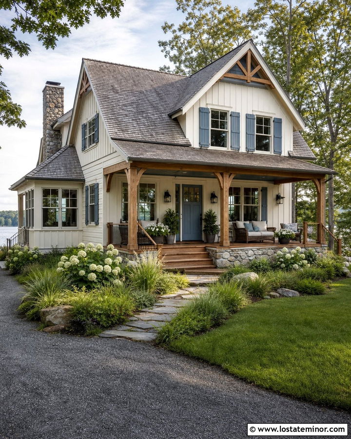 Warm White Lake House With Blue Gray Porch Ceiling - 30 Warm White House Design With Porch Ceiling Ideas
