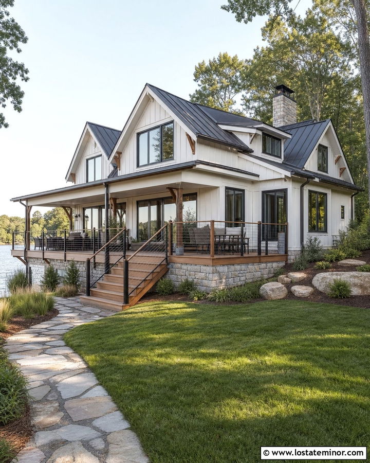 Warm White Lake House With Cable Rail Deck - 30 Warm White House Design With Deck Ideas