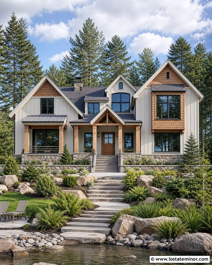 Warm White Lake House With Cedar Shake Accents - 30 Warm White House Design With Cedar Shake Ideas