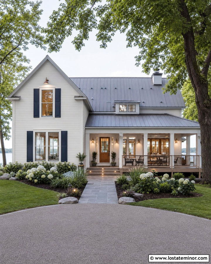Warm White Lake House With Deck Step Lighting - 30 Warm White House Design With Lighting Ideas