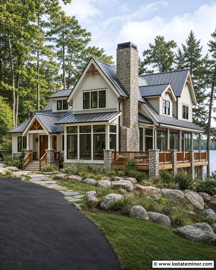 Warm White Lake House With Granite Chimney - 30 Warm White House Design With Chimney Ideas