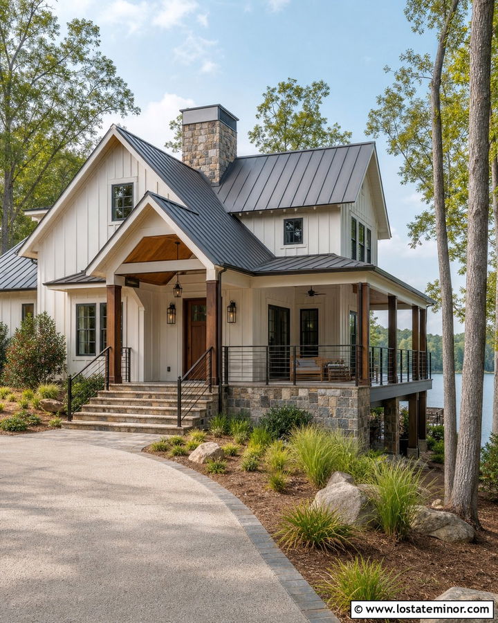 Warm White Lake House With Horizontal Metal Railings - 30 Warm White House Design With Railings Ideas