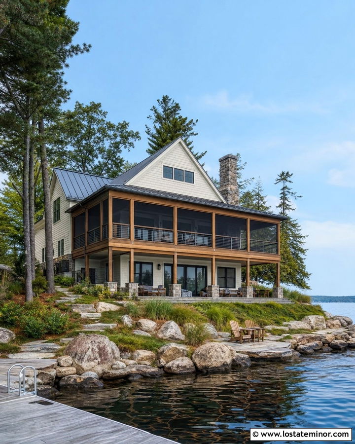 Warm White Lake House With Screened Deck - 30 Warm White House Design With Backyard Ideas