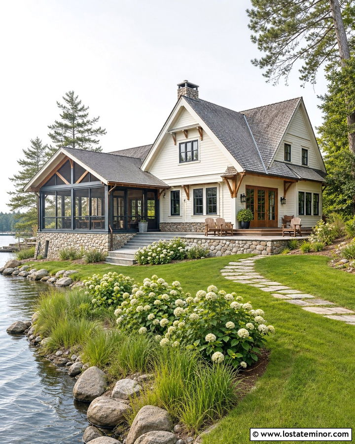 Warm White Lake House With Screened Sunroom - 30 Warm White House Design With Sunroom Ideas
