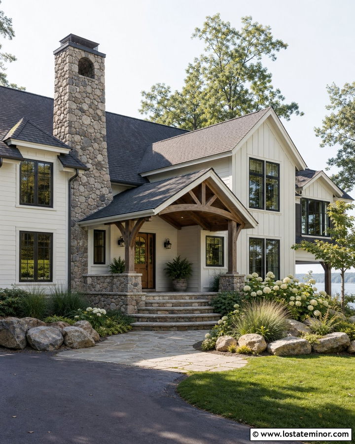 Warm White Lake House With Stone Chimney - 30 Warm White House Design With Stone Accents Ideas