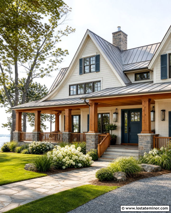 Warm White Lake House With Wood Porch Columns - 30 Warm White House Design With Porch Columns Ideas