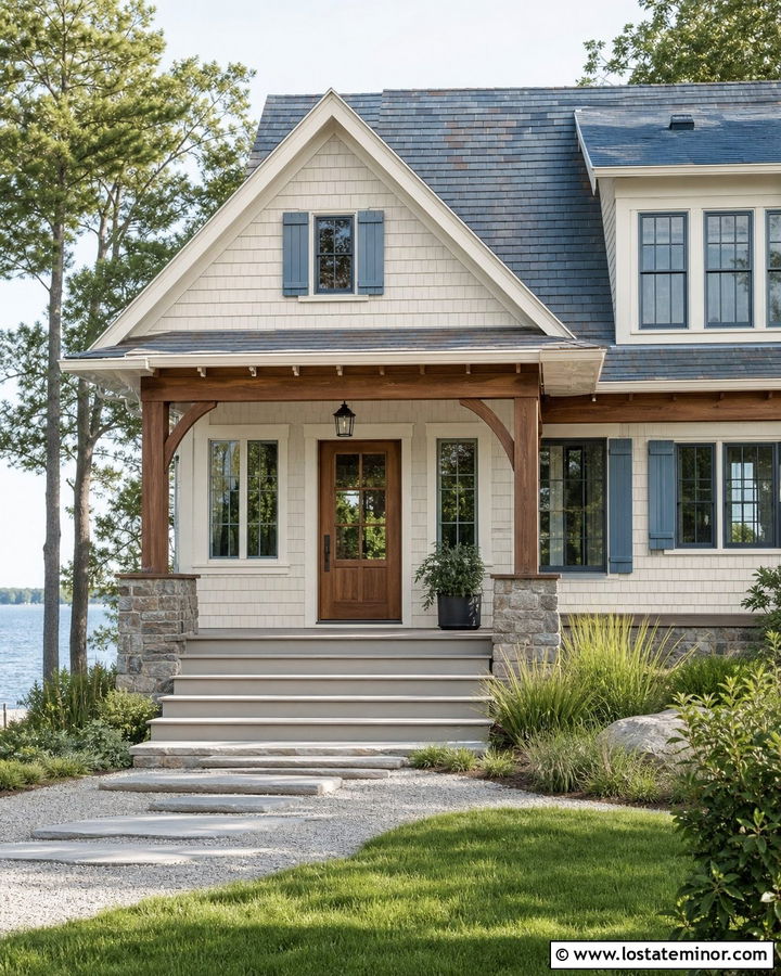 Warm White Lake House With Wood Storm Door - 30 Warm White House Design With Storm Door Ideas
