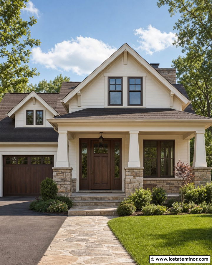 Warm White Lap Siding With Stone Porch - 30 Warm White House Design With Siding Ideas