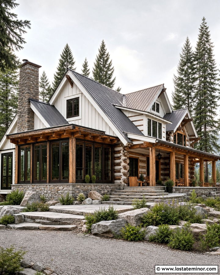 Warm White Log Home With Rustic Sunroom - 30 Warm White House Design With Sunroom Ideas