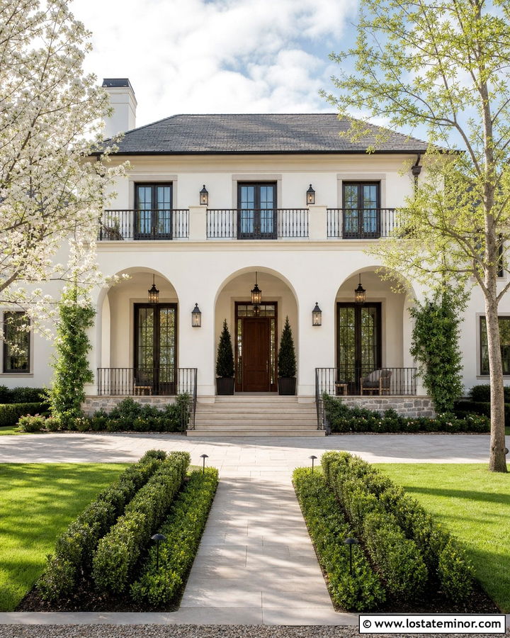 Warm White Loggia House With Stone Deck - 30 Warm White House Design With Deck Ideas