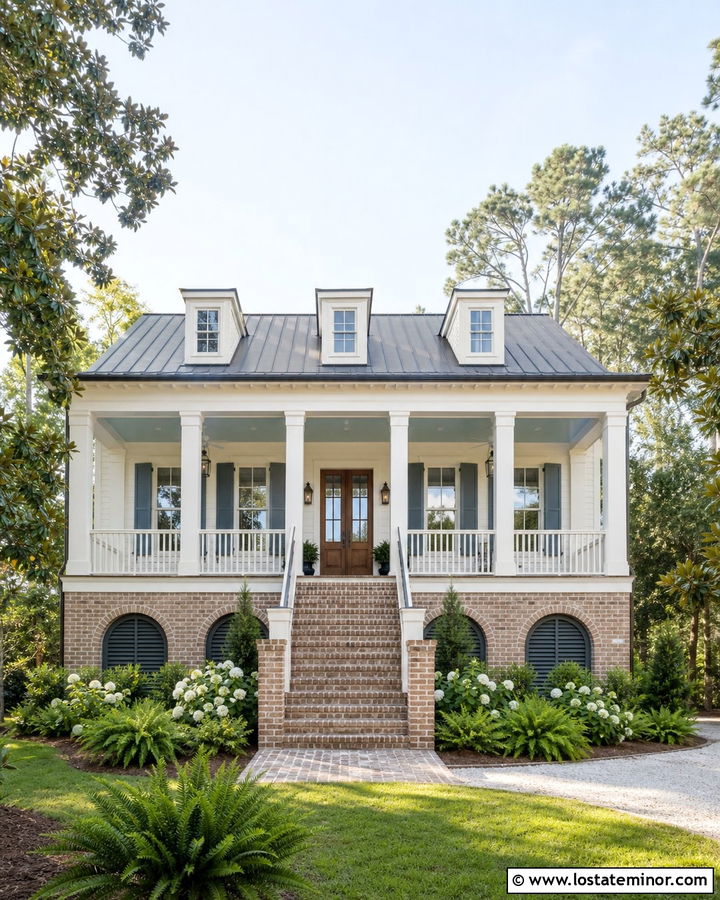 Warm White Low Country House With Brick Wainscoting - 30 Warm White House Design With Wainscoting Ideas