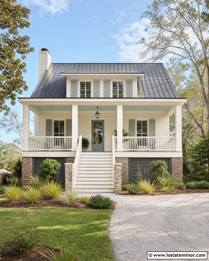 Warm White Lowcountry House With Raised Porch Columns - 30 Warm White House Design With Porch Columns Ideas
