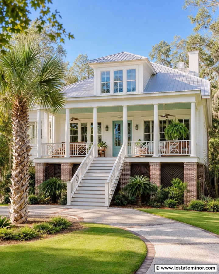 Warm White Lowcountry House With Seafoam Porch Ceiling - 30 Warm White House Design With Porch Ceiling Ideas