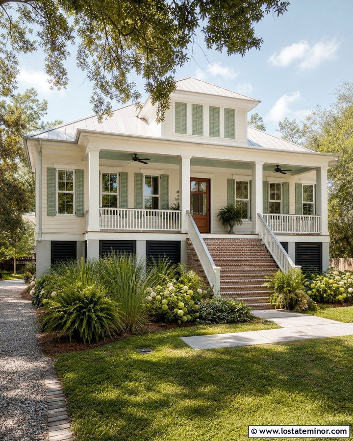 Warm White Lowcountry House With Seafoam Shutters - 30 Warm White House Design With Shutters Ideas