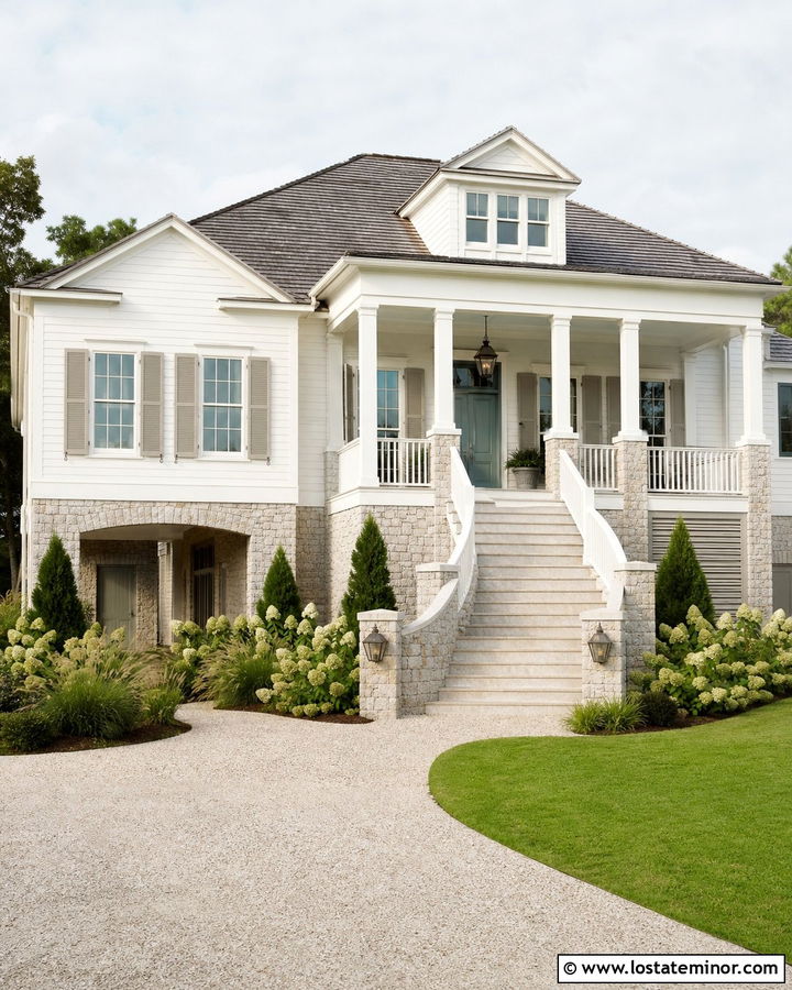 Warm White Lowcountry House With Stone Stairs - 30 Warm White House Design With Stone Accents Ideas