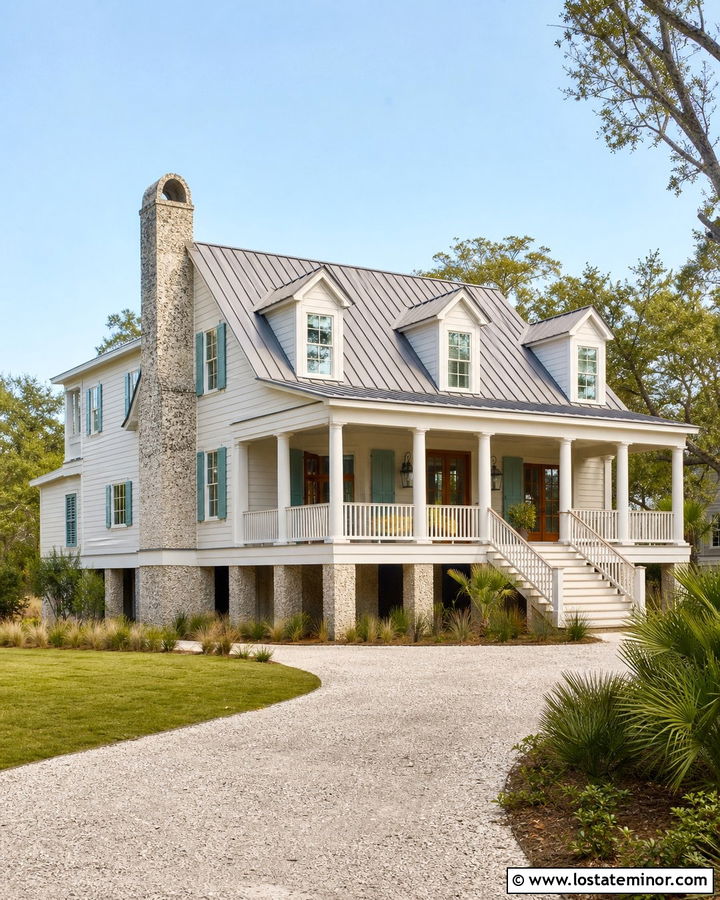 Warm White Lowcountry House With Tabby Chimney - 30 Warm White House Design With Chimney Ideas