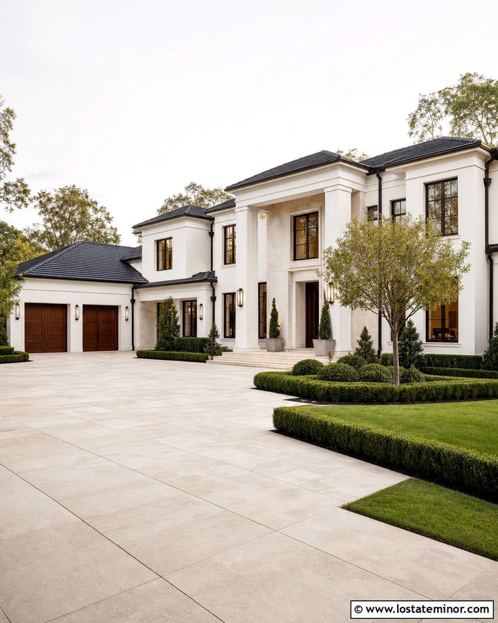 Warm White Luxury House With Limestone Paver Driveway - 30 Warm White House Design With Driveway Ideas