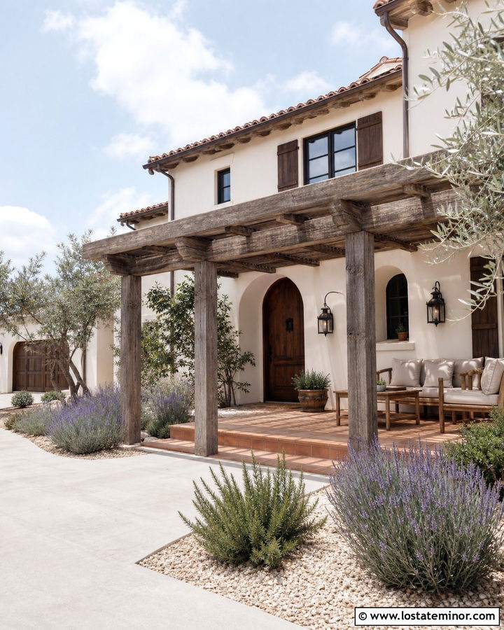 Warm White Mediterranean House With Arched Pergola - 30 Warm White House Design With Pergola Ideas