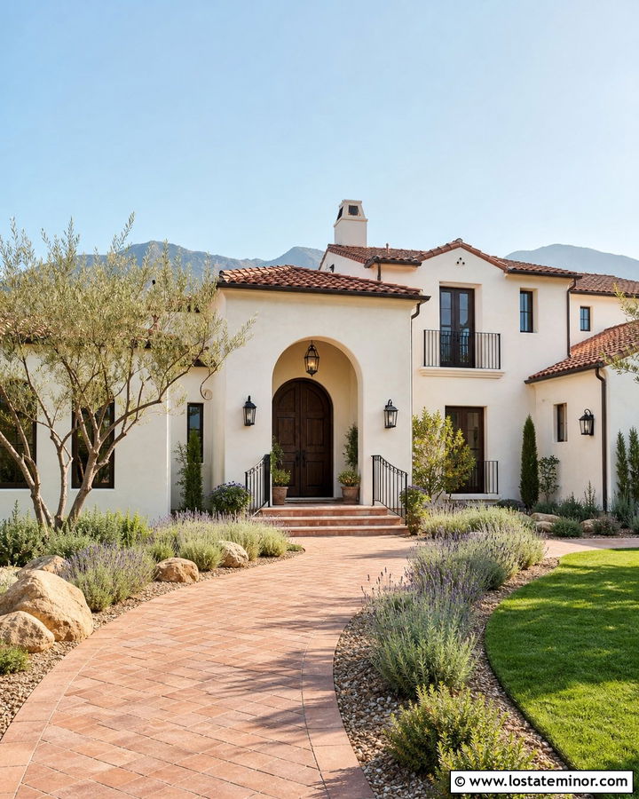 Warm White Mediterranean House With Arched Portico - 30 Warm White House Design With Portico Ideas