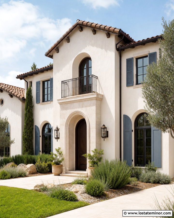 Warm White Mediterranean House With Blue Gray Shutters - 30 Warm White House Design With Shutters Ideas