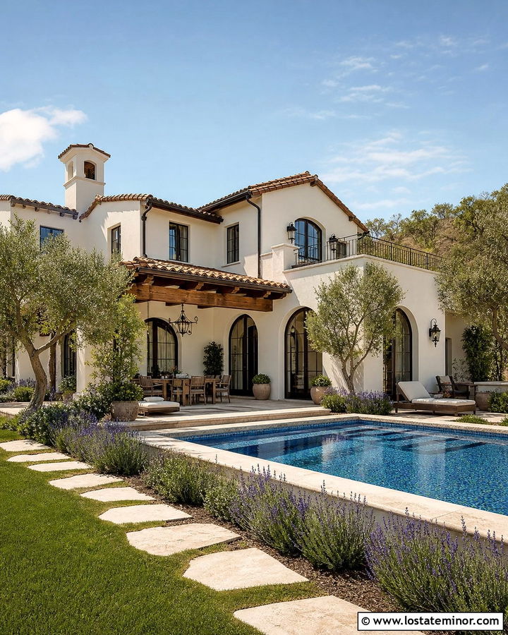 Warm White Mediterranean House With Blue Tile Pool - 30 Warm White House Design With Swimming Pool Ideas