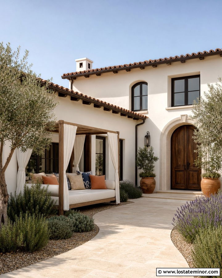 Warm White Mediterranean House With Canopy Daybed - 30 Warm White House Design With Daybed Ideas