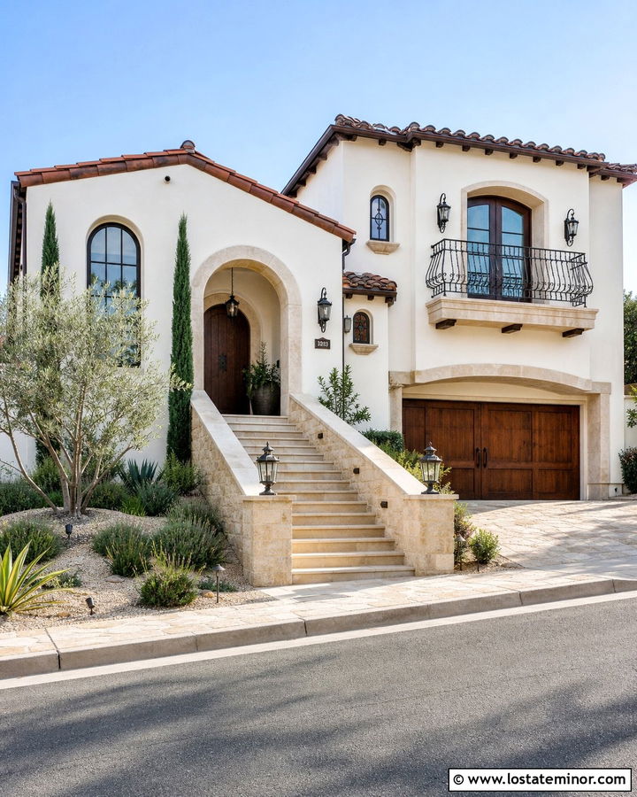 Warm White Mediterranean House With Iron Balcony Railings - 30 Warm White House Design With Railings Ideas