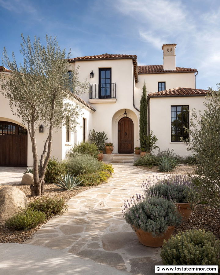 Warm White Mediterranean House With Olive Trees - 30 Warm White House Design With Front Yard Ideas