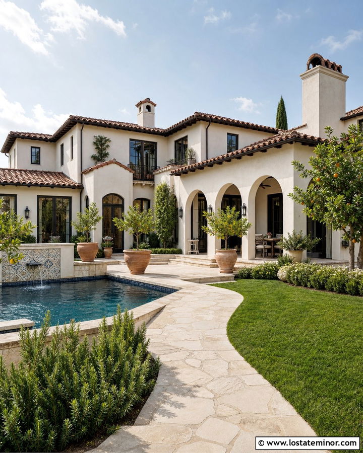 Warm White Mediterranean House With Pool - 30 Warm White House Design With Backyard Ideas