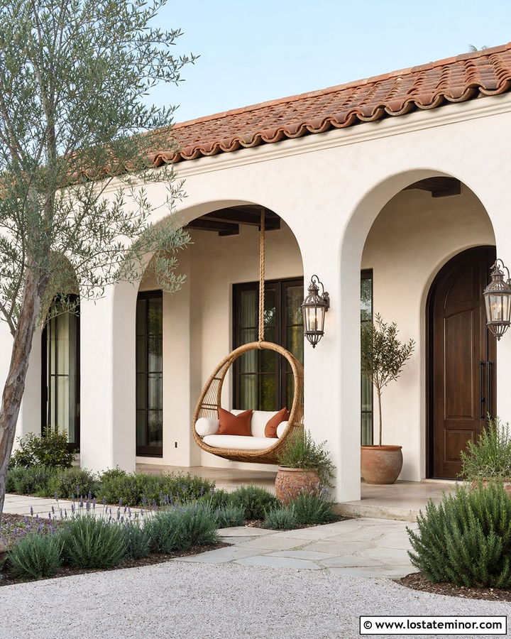 Warm White Mediterranean House With Rattan Swing - 30 Warm White House Design With Swing Ideas