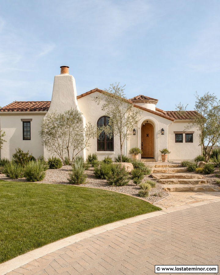 Warm White Mediterranean House With Stucco Chimney - 30 Warm White House Design With Chimney Ideas