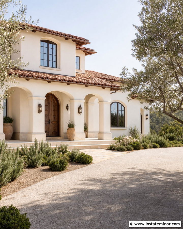 Warm White Mediterranean House With Stucco Columns - 30 Warm White House Design With Porch Columns Ideas