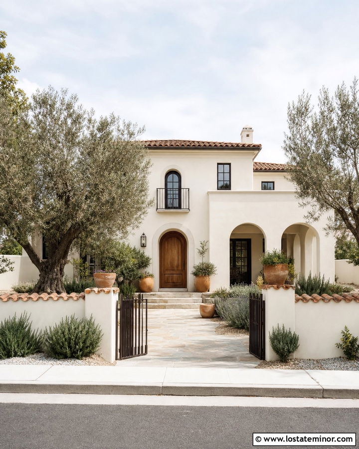 Warm White Mediterranean House With Stucco Wall Fence - 30 Warm White House Design With Fence Ideas