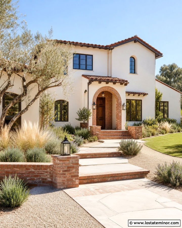 Warm White Mediterranean House With Terracotta Brick - 30 Warm White House Design With Brick Accents Ideas