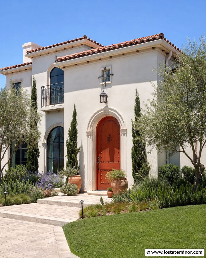 Warm White Mediterranean House With Terracotta Front Door - 30 Warm White House Design With Front Door Ideas