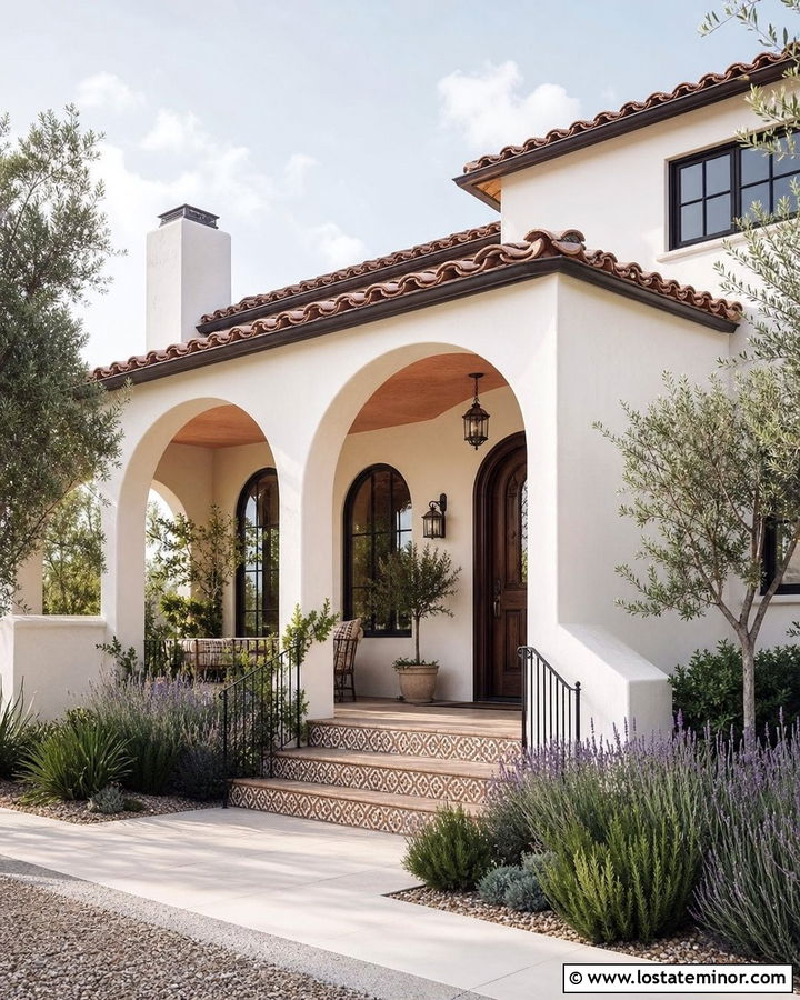 Warm White Mediterranean House With Terracotta Porch Ceiling - 30 Warm White House Design With Porch Ceiling Ideas