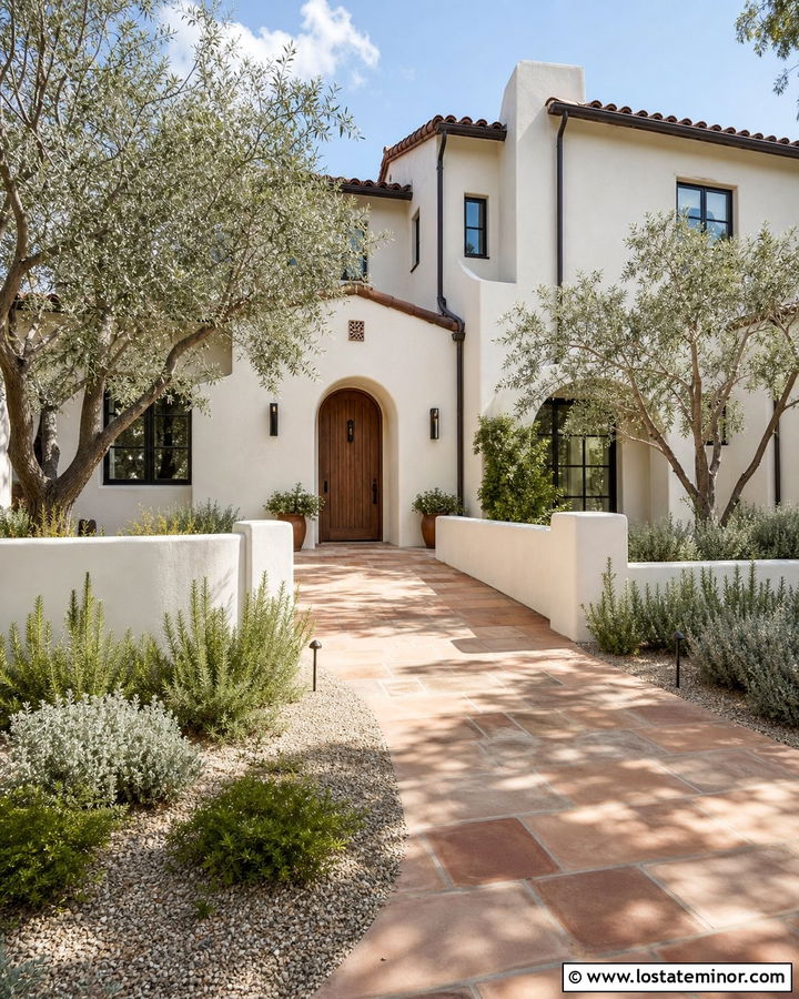 Warm White Mediterranean House With Terracotta Walkway - 30 Warm White House Design With Walkway Ideas
