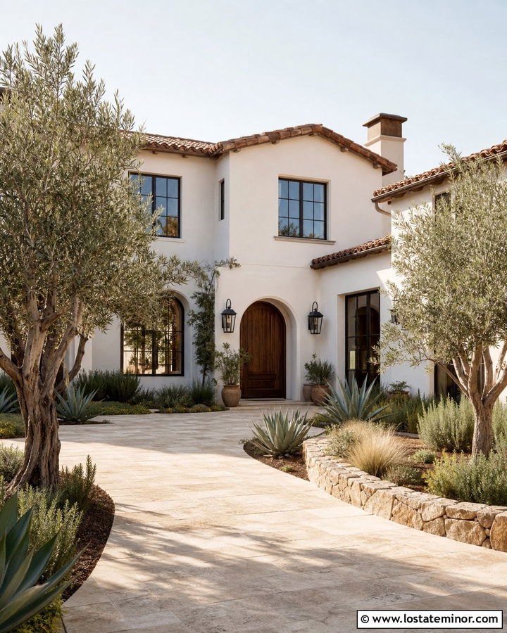 Warm White Mediterranean House With Travertine Driveway - 30 Warm White House Design With Driveway Ideas