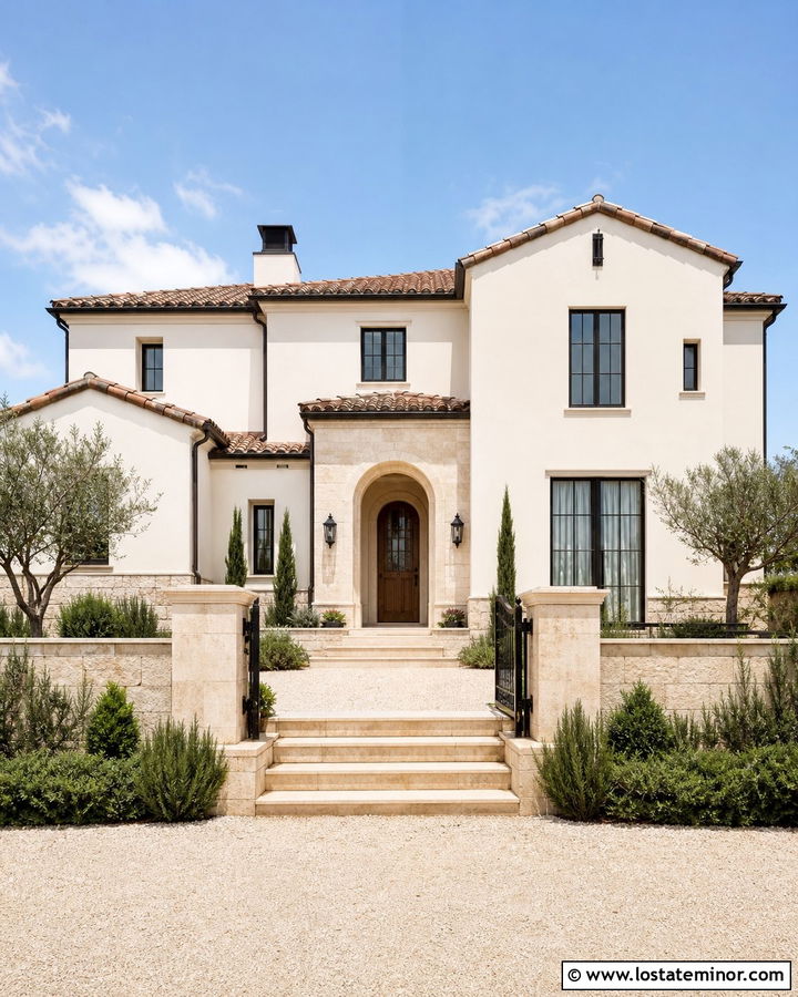 Warm White Mediterranean House With Travertine - 30 Warm White House Design With Stone Accents Ideas