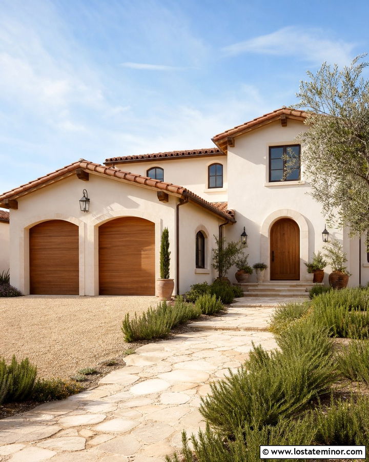 Warm White Mediterranean House With Wood Garage Door - 30 Warm White House Design With Garage Door Ideas