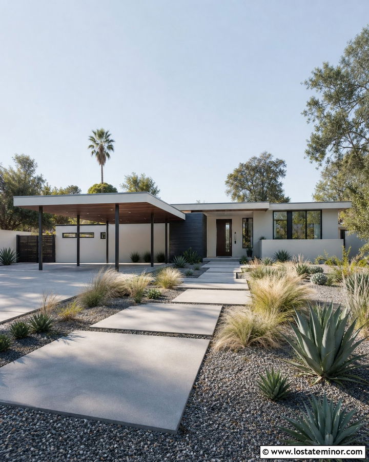 Warm White Mid Century House With Flat Carport - 30 Warm White House Design With Carport Ideas