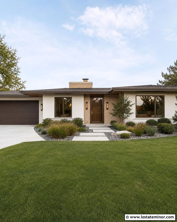 Warm White Midcentury House With Bronze Storm Door - 30 Warm White House Design With Storm Door Ideas