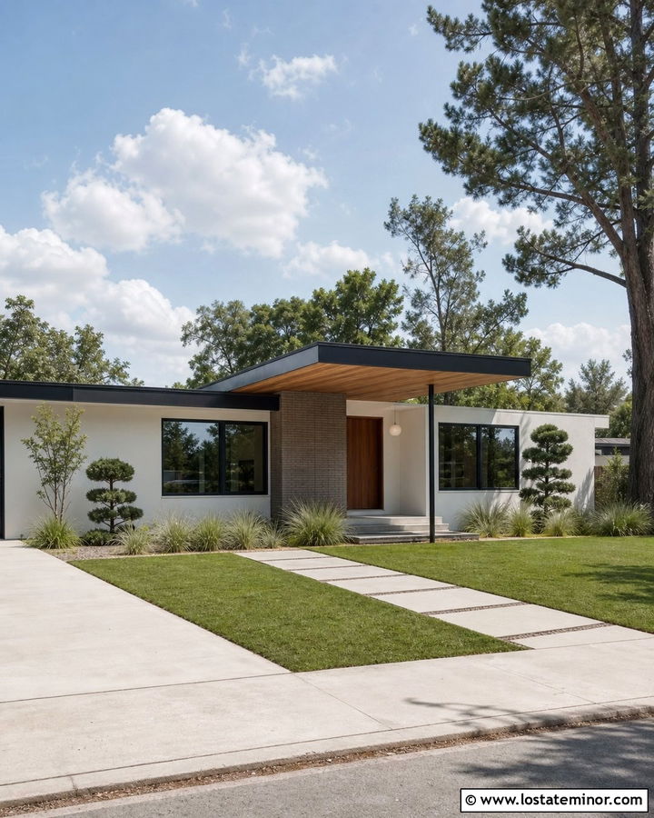 Warm White Midcentury House With Cantilevered Portico - 30 Warm White House Design With Portico Ideas