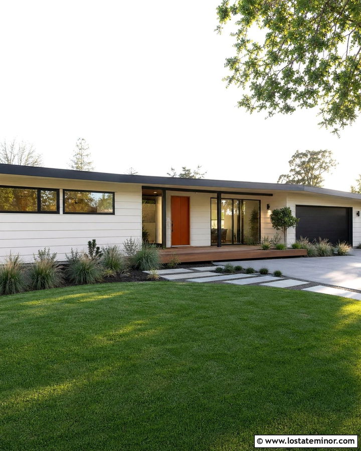 Warm White Midcentury House With Floating Deck - 30 Warm White House Design With Deck Ideas