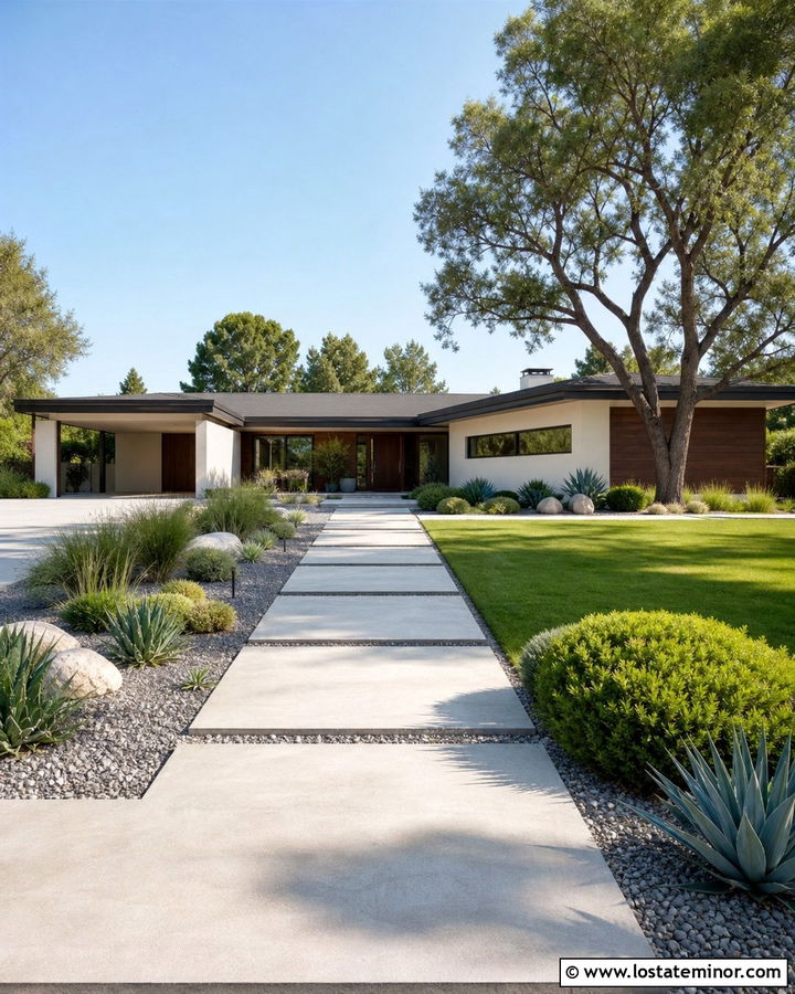 Warm White Midcentury House With Geometric Yard - 30 Warm White House Design With Front Yard Ideas