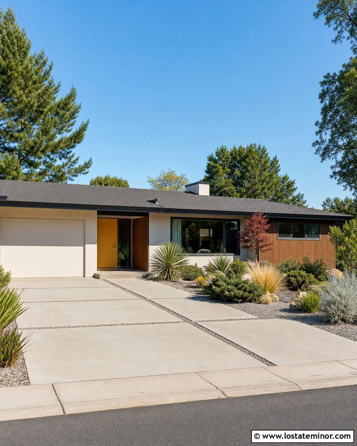 Warm White Midcentury House With Large Concrete Slabs - 30 Warm White House Design With Driveway Ideas